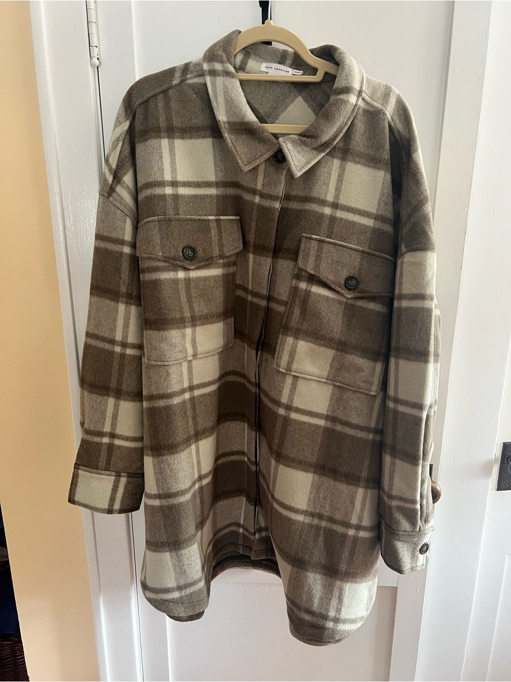 Good American Brown and Cream Plaid Utility Jacket